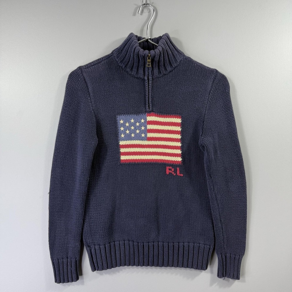 Polo Ralph Lauren Sweater Kids 10-12 Blue American Flag 1/4 Zip Knit Pullover